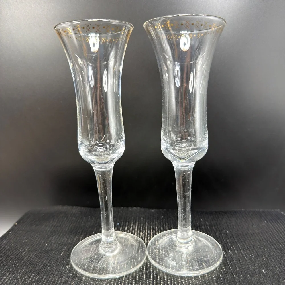West‎ Elm Gold Pattern Champagne Flutes Set of 2 Flared Stemware Clear Glass VTG